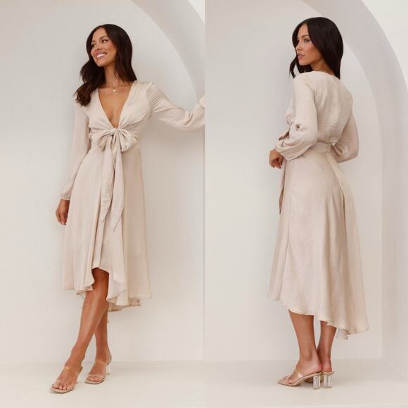 Billy J Starry Nights High Low Midi Dress Tie Front Back Champagne Cream US 12 - Picture 1 of 15